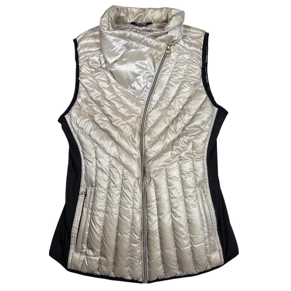 Calvin Klein Performance Womens Puffer Vest Champagne Gold Asymmetric Zip Medium